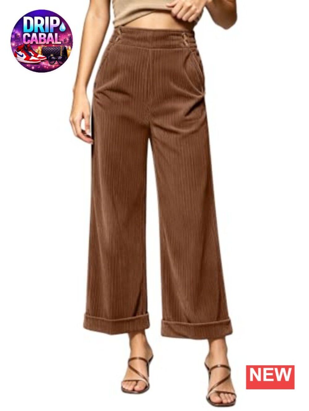High Waisted Wide Leg Cropped Corduroy Pants Side Button